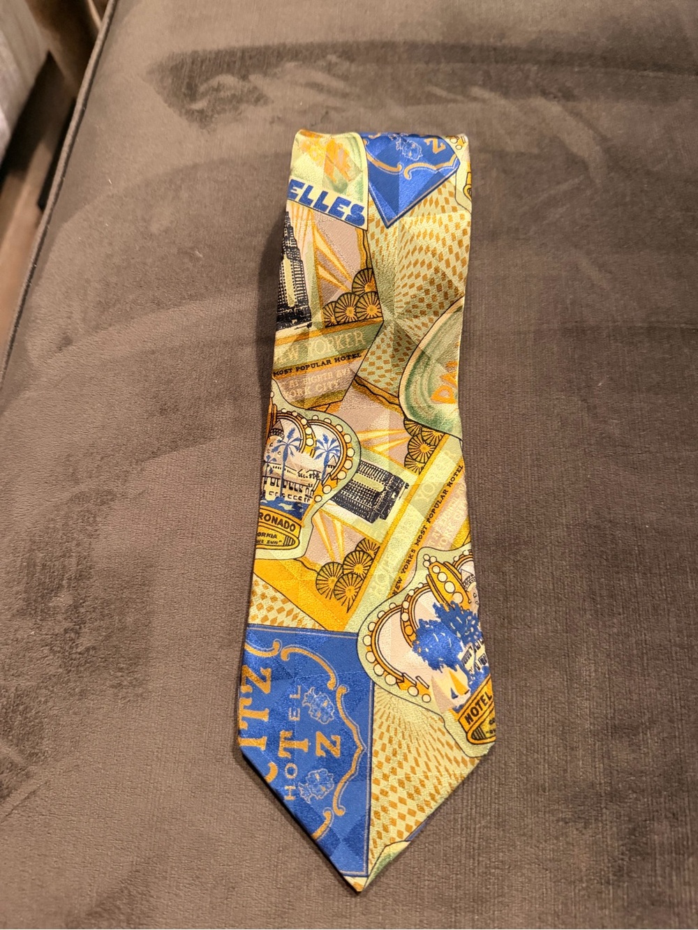Versace Yellow and Blue Travel Motif Silk Tie Vintage 1993